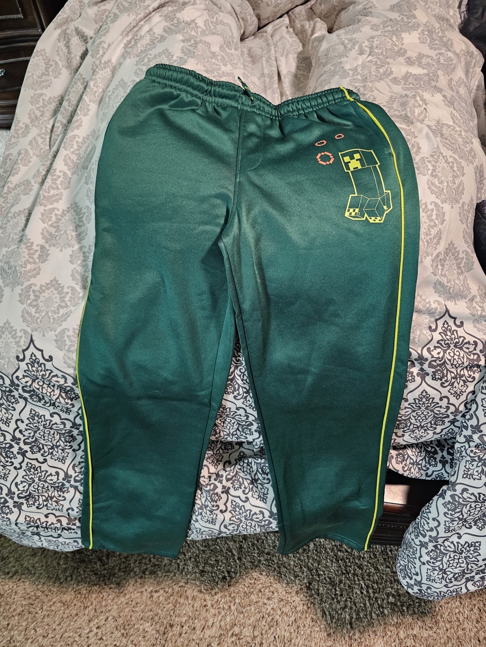 Kids Green Minecraft Track Pants with Yellow Trim